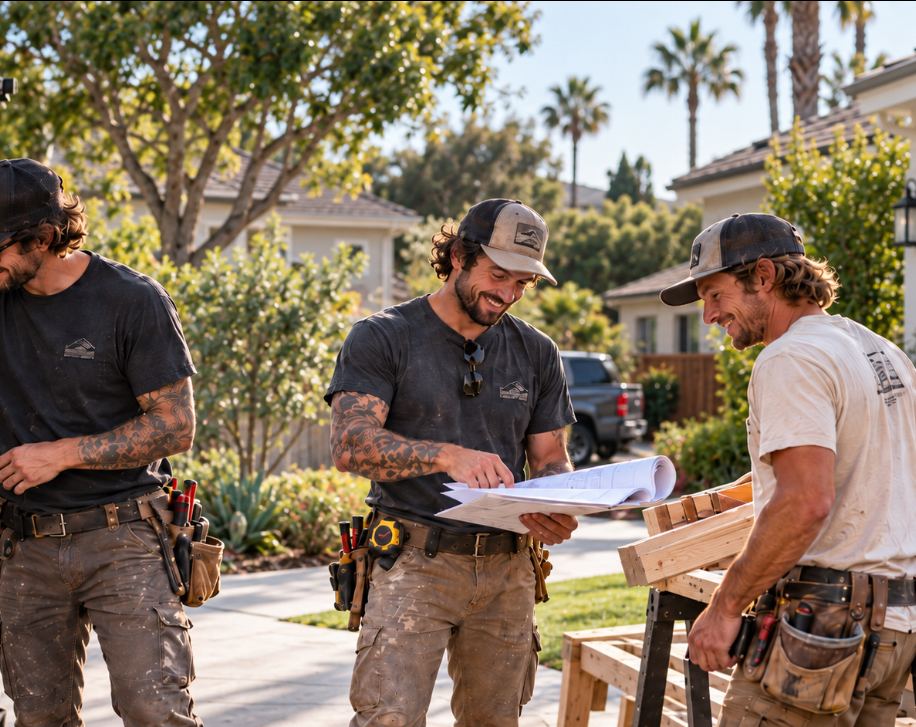 Crew reviewing plans on a job site
